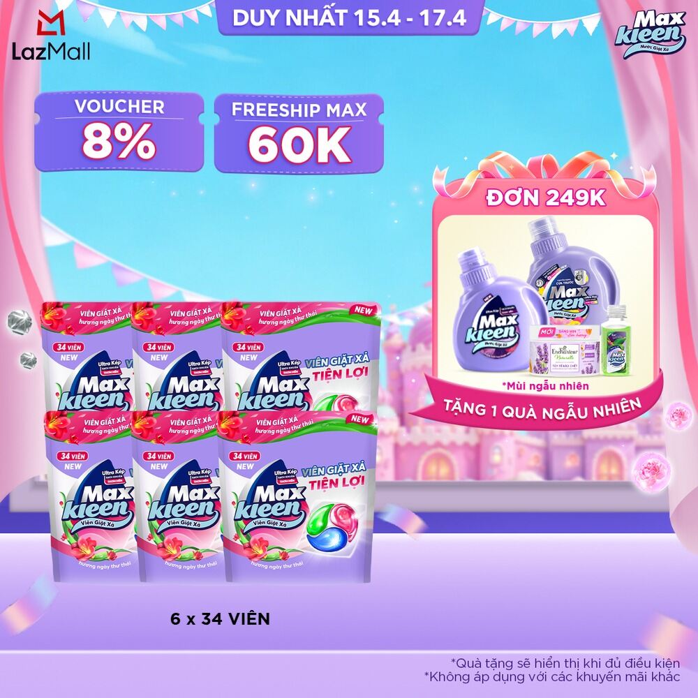 Combo 6 Túi viên giặt xả MaxKleen hương Ngày Thư Thái (34 viên/ túi)