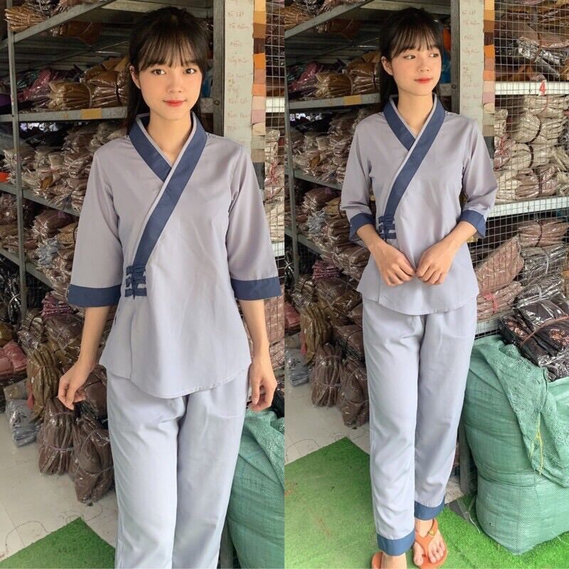 Đồ Lam Đi Chùa ❤️ Đồ Bộ Xéo 3 Nút
