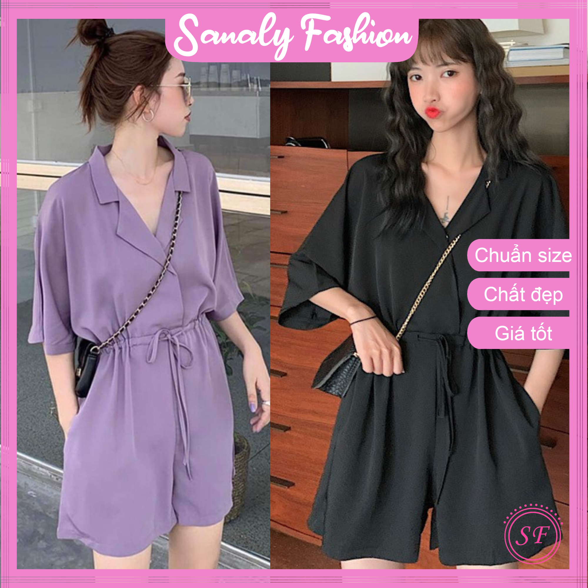 Áo liền quần cổ vest dây rút eo - Jumpsuit đồ bay ngắn