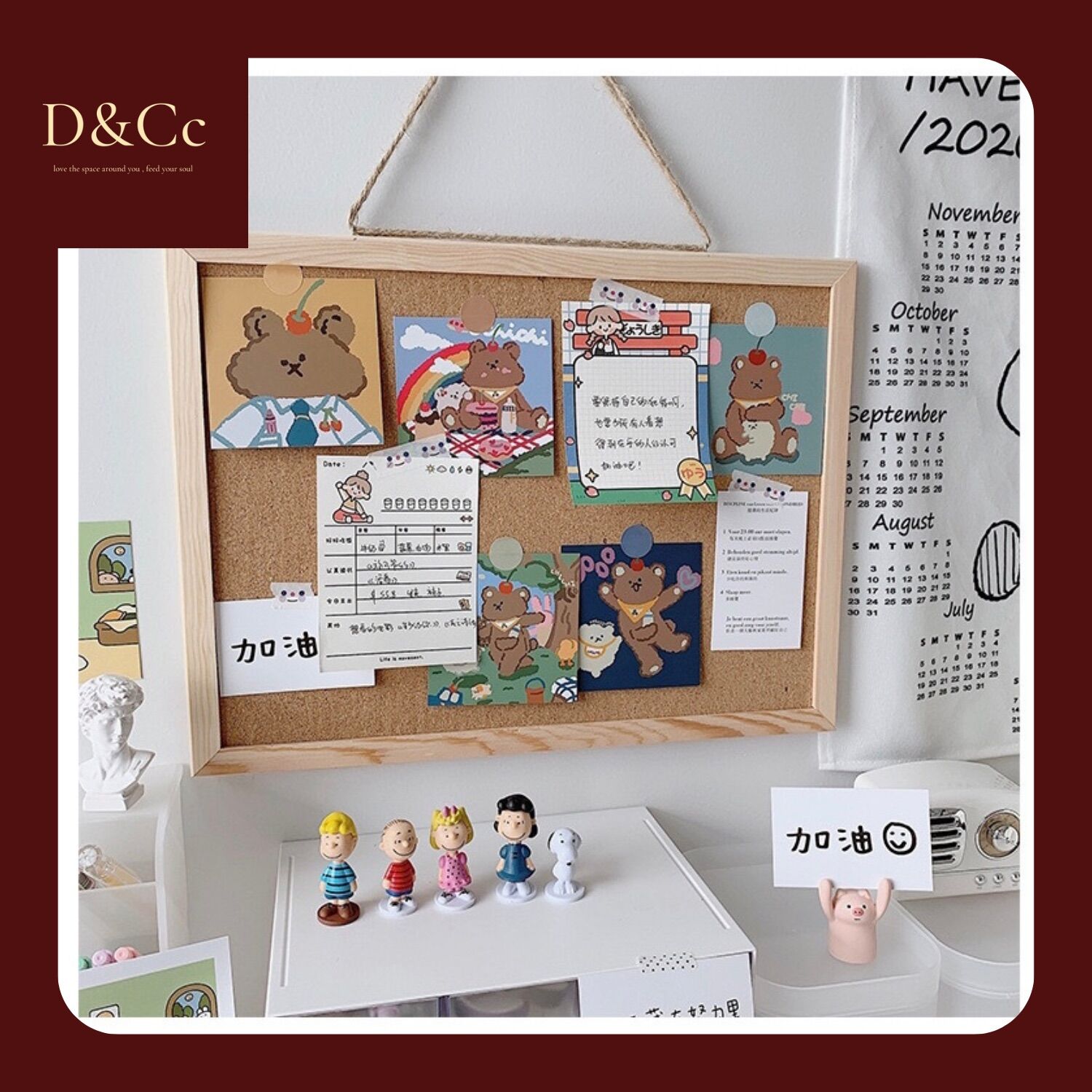 Bảng ghim gỗ bần Decor, ghim ghi chú, tranh ảnh, pótcard cho bàn học/bàn làm việc(kèm ghim, dây, móc treo, sticker)-D&Cc