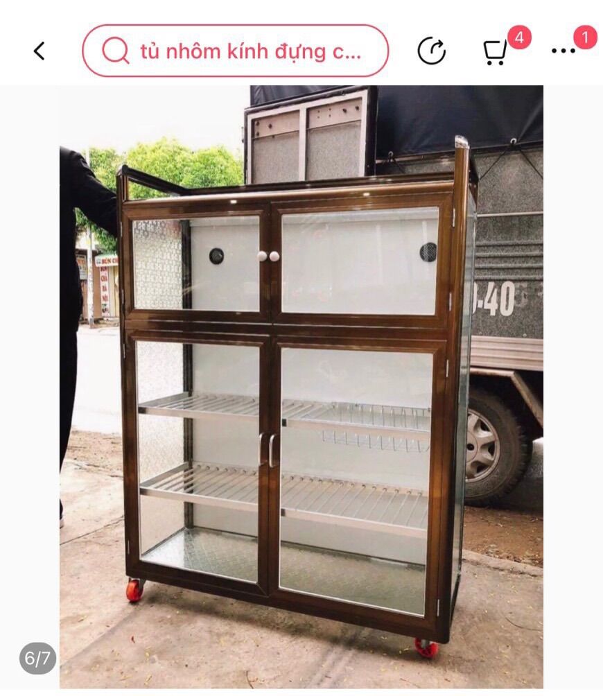 Tủ chén nhôm kính 4 ngăn giá rẻ màu nâu