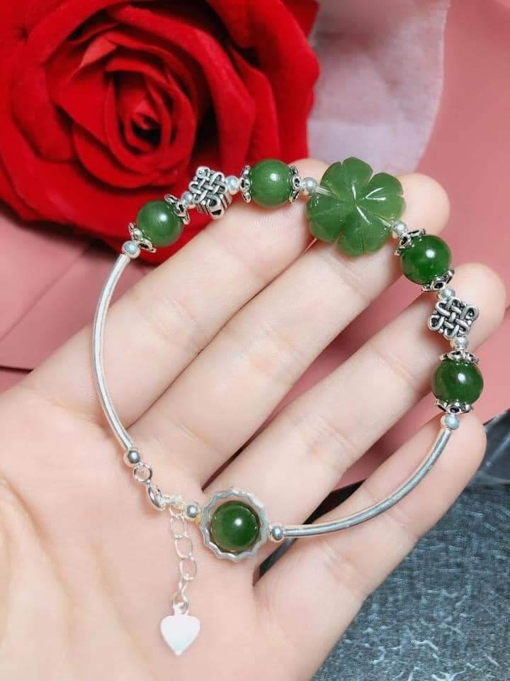 Lắc tay charm bạc ta mix cỏ 4 lá ngọc bích mày mắn
