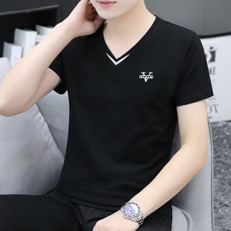 Áo Thun Nam Tay Ngắn Áo Thun Cổ Tim Chữ V 2023 Cotton Cho Thanh Niên Áo Thun Dễ Phối Thời Trang