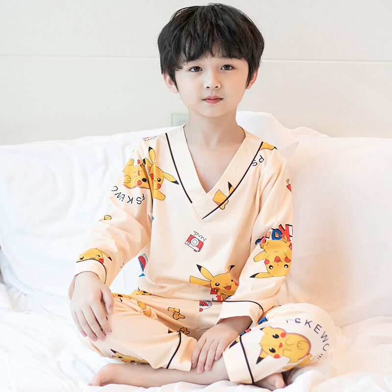 Bộ Đồ Ngủ Lụa Sữa Cho Bé Trai Mùa Thu 2024 Bộ Đồ Ngủ Dài Tay Mỏng Thoải Mái Cho Trẻ Em Từ 1-13 Tuổi