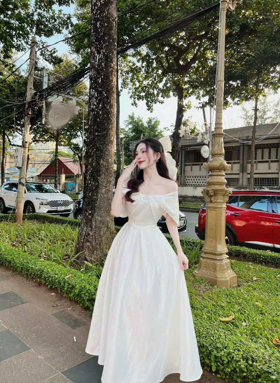 Đầm xoè dự tiệc trễ vai dáng dài sang trọng