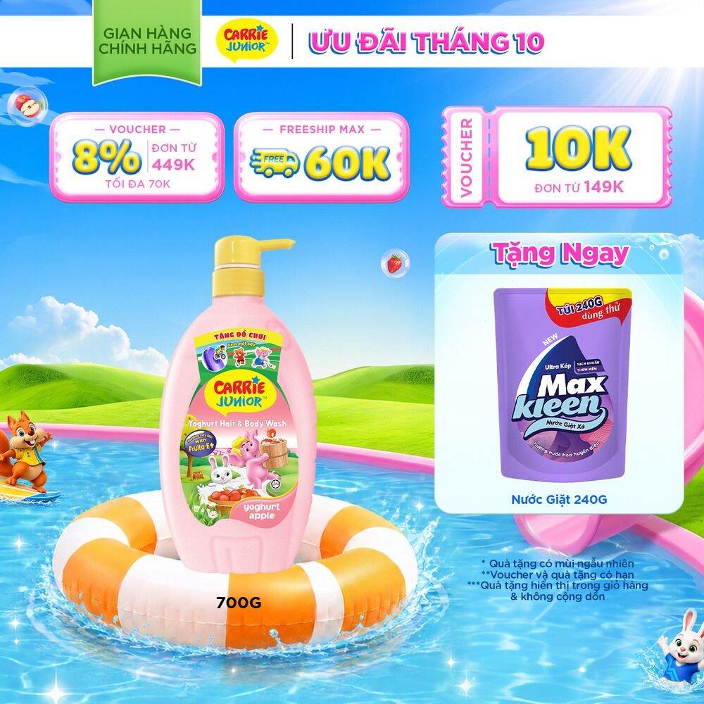 Sữa Tắm Gội Cho Bé Carrie Junior Yoghurt chiết xuất trái cây thiên nhiên hương Táo 700g