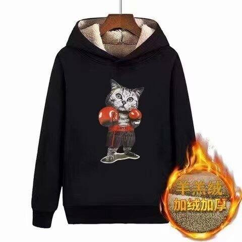 Áo Hoodie Len Dày Dặn Lót Lông Cừu Áo Giữ Ấm Mẫu Dày Màu Đen Trơn Không Mũ Nam Rộng Rãi Liền Mũ Chui Đầu Mùa Đông