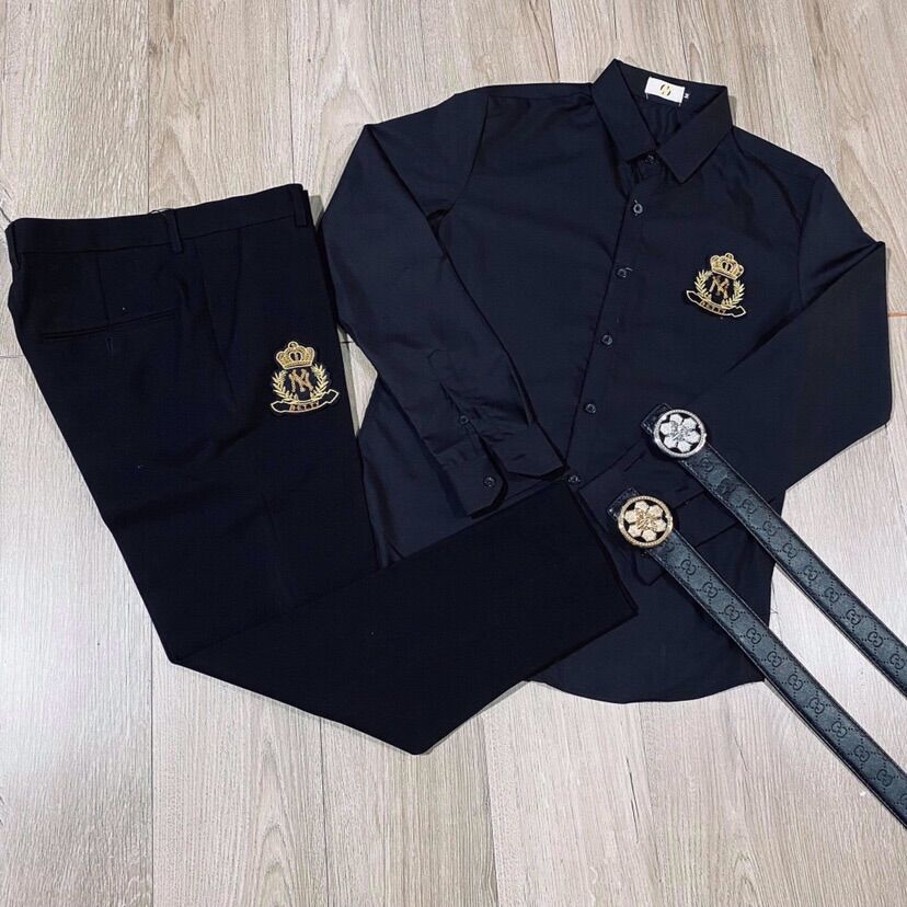 Quần tây âu nam áo sơ mi nam màu đen thêu logo hoạ tiết, cam kết ảnh thật hàng y hình 💯