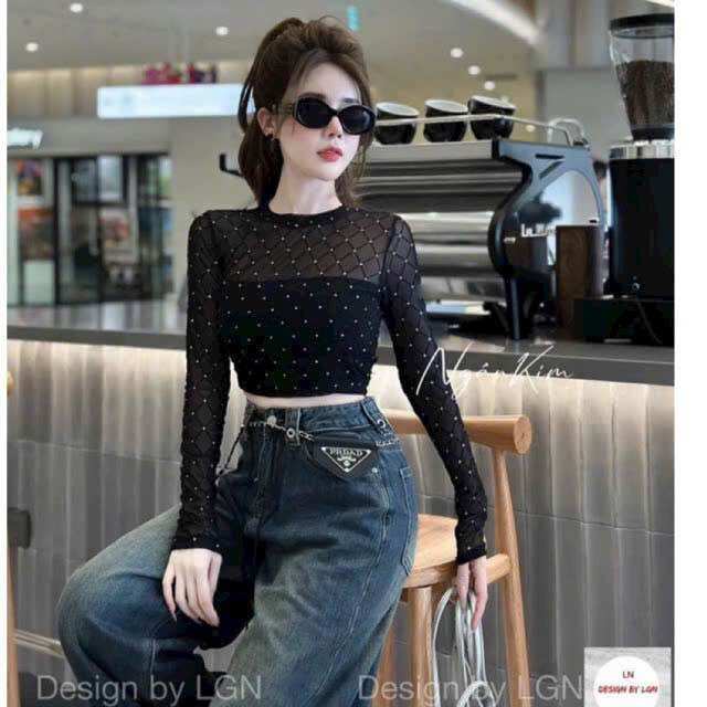 Áo Croptop Phối Lưới Đính Đá Tay Dài Cổ Tròn