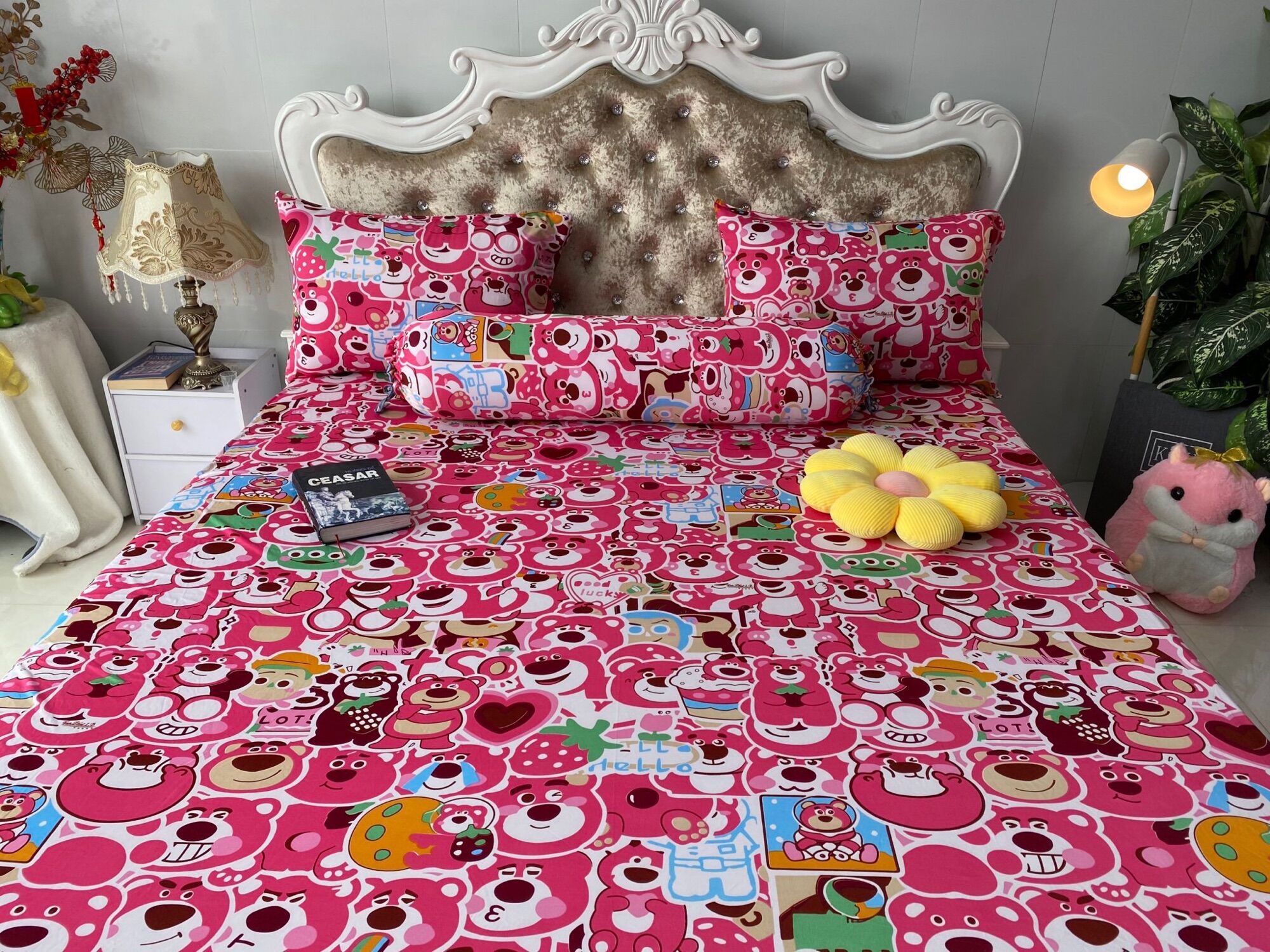 Bộ drap ga thun hàn quốc mẫu gấu hồng