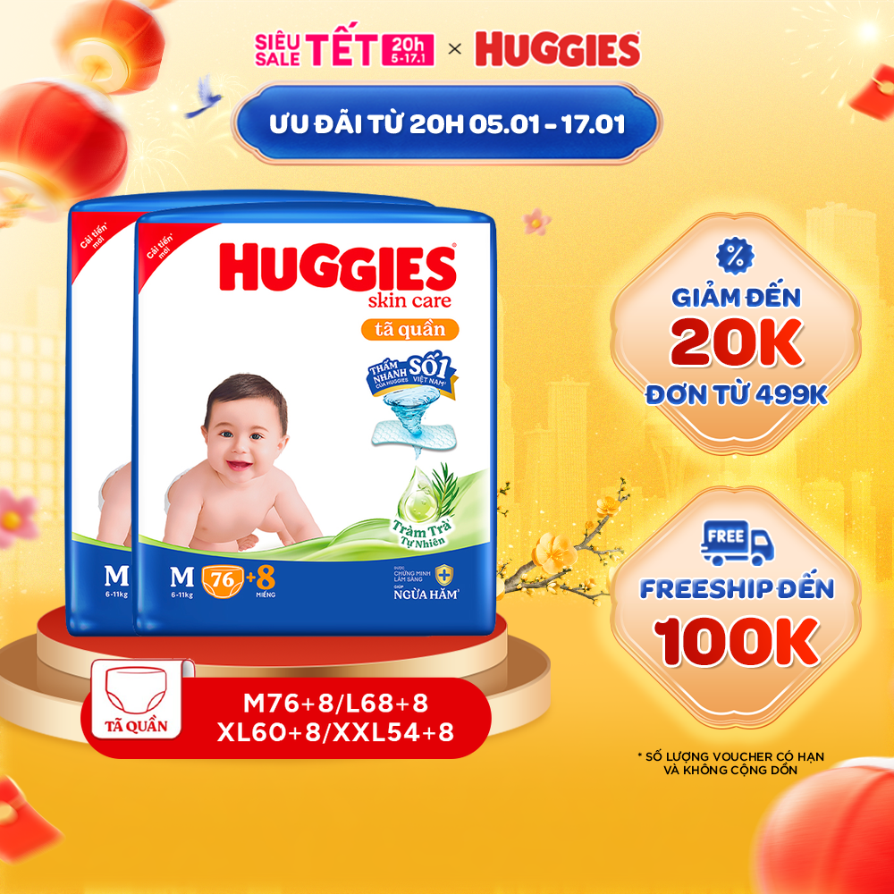 Combo 2 gói Tã/bỉm quần HUGGIES SKINCARE gói M76+8/L68/XL60/XXL54