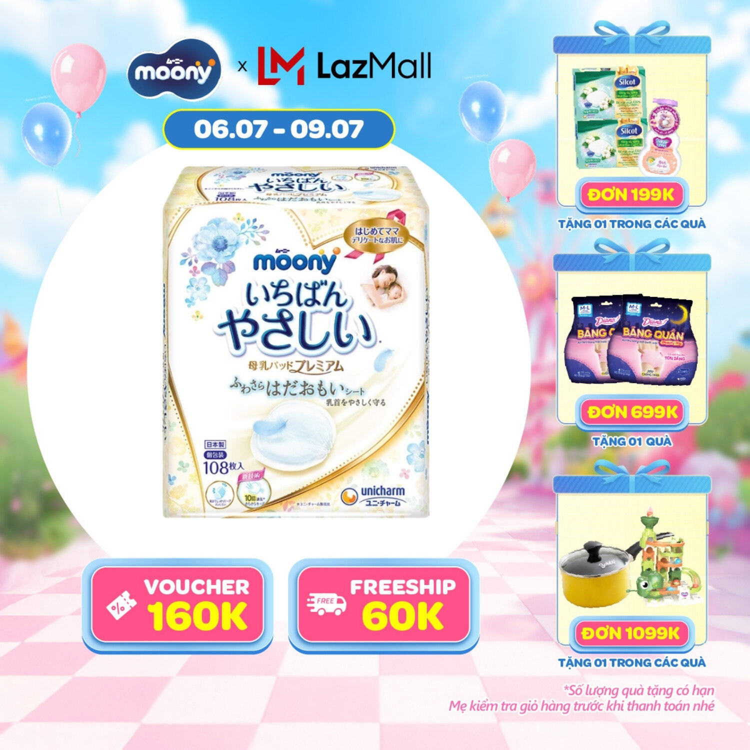 [CHỈ 14/07 tặng QUÀ TO-SLCH] Miếng lót thấm sữa Moony 108