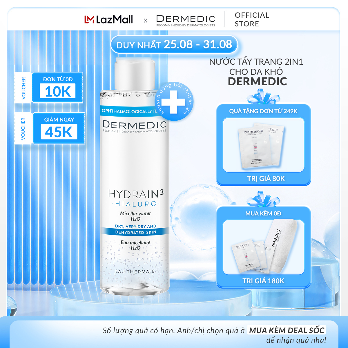 Nước tẩy trang 2in1 cho da khô Hydrain3 Hialuro Micellar Water H2O Dermedic 200ml