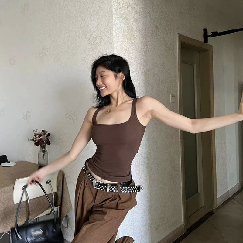 Áo Ba Lỗ Cổ Vuông Phong Cách Retro Dành Cho Nữ Mùa Hè 2025 Áo Ba Lỗ Không Tay Cổ Cao Áo Ba Lỗ Không 