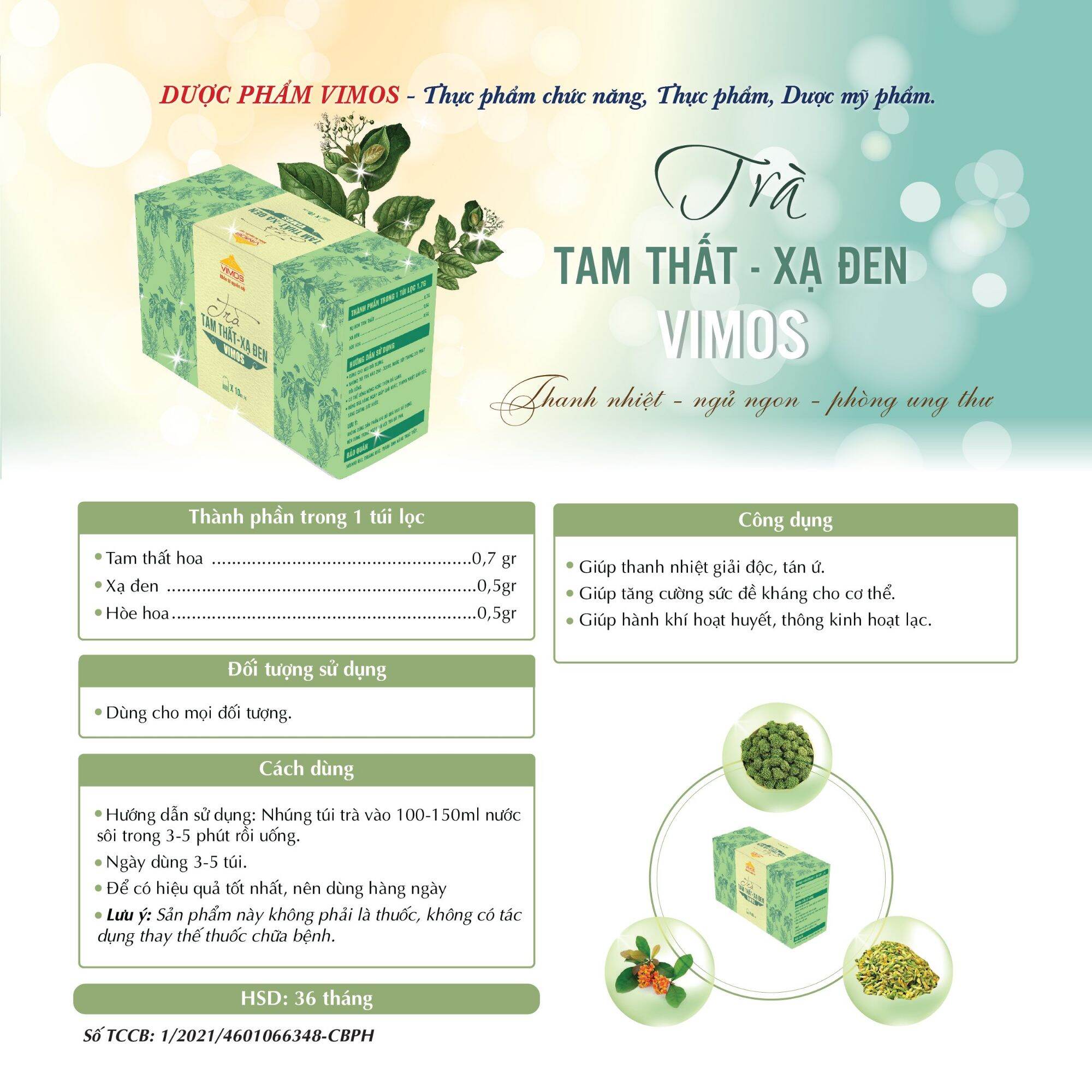 Trà tam thất xạ đen vimos mát gan lợi tiểu ngủ sâu và ngon giấc . hộp 10 gói túi lọc