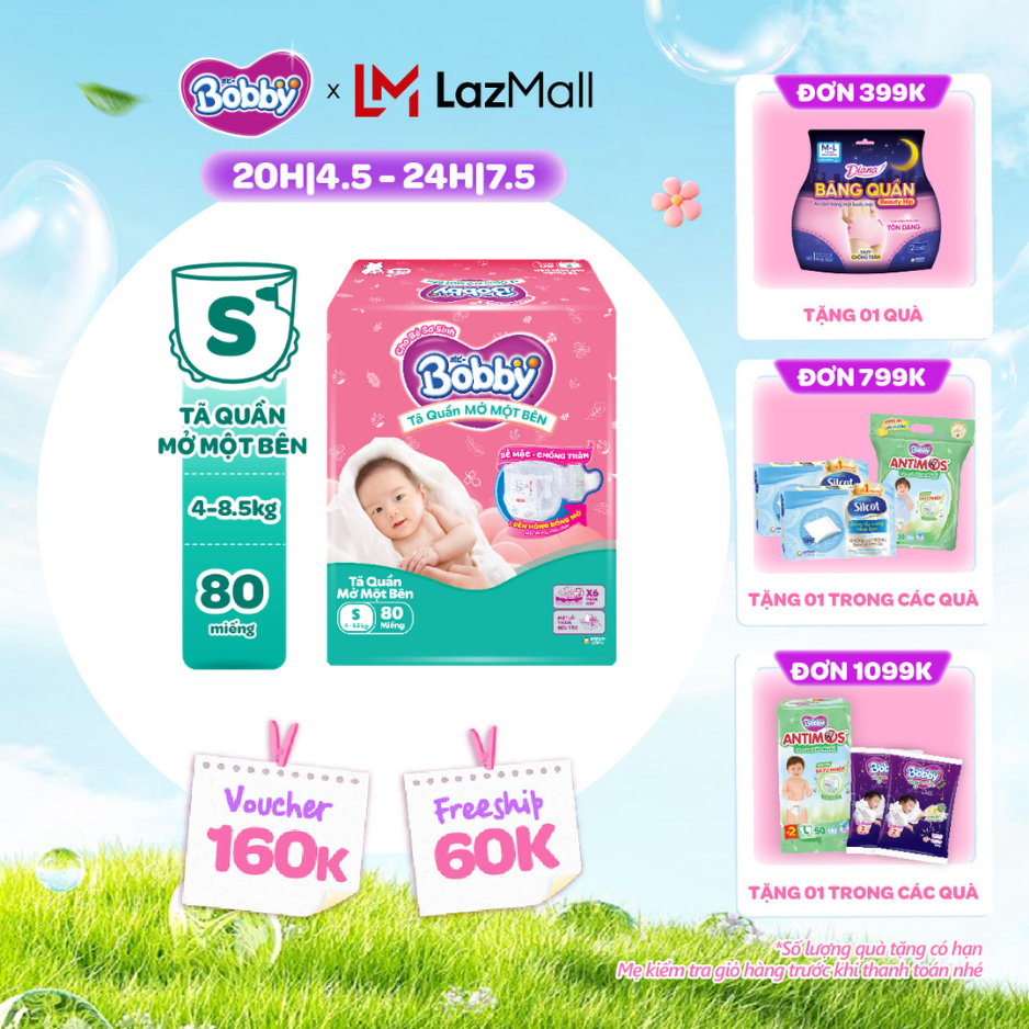 [CHỈ 20h 04-07.05 QT Đơn 899K/1199K][TẶNG MIẾNG] Tã quần mở một bên Bobby dành cho bé sơ sinh size S80