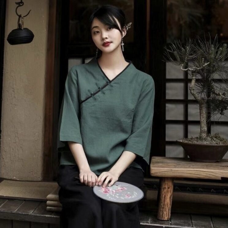 Áo Sơ Mi Tay Ngắn Cotton Nguyên Chất Mùa Xuân Hè Mới Dành Cho Nữ Phong Cách Trung Hoa Cổ Chữ V Không Đối Xứng Dáng Rộng Thường Ngày