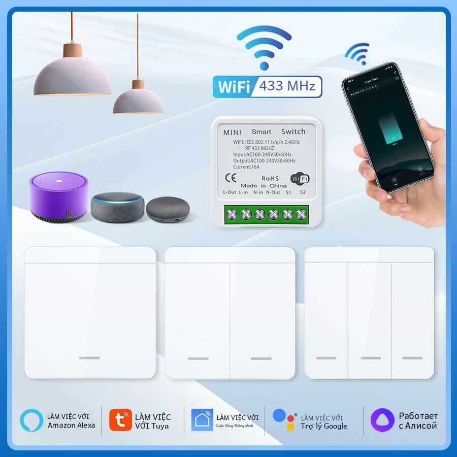 Công tắc Wifi thông minh Tuya với điều khiển không dây Rf 433 MHz Kích hoạt bằng giọng nói Tương thích với ứng dụng Alexa và Google Smart Life