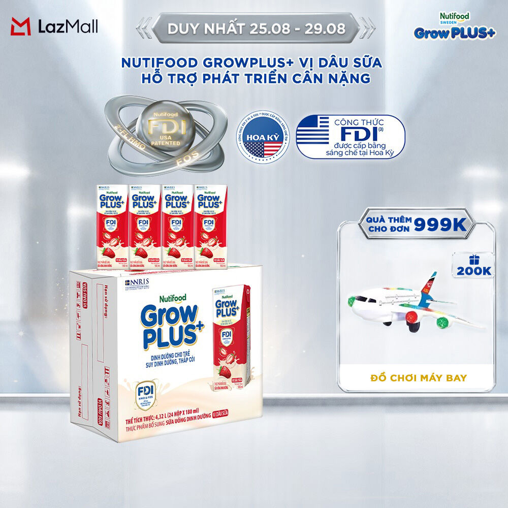 Thùng 24 hộp Sữa bột pha sẵn Nutifood GrowPLUS+ Vị Dâu Sữa hộp 180ml - Hỗ trợ phát triển cân nặng (24 hộp x 180ml)
