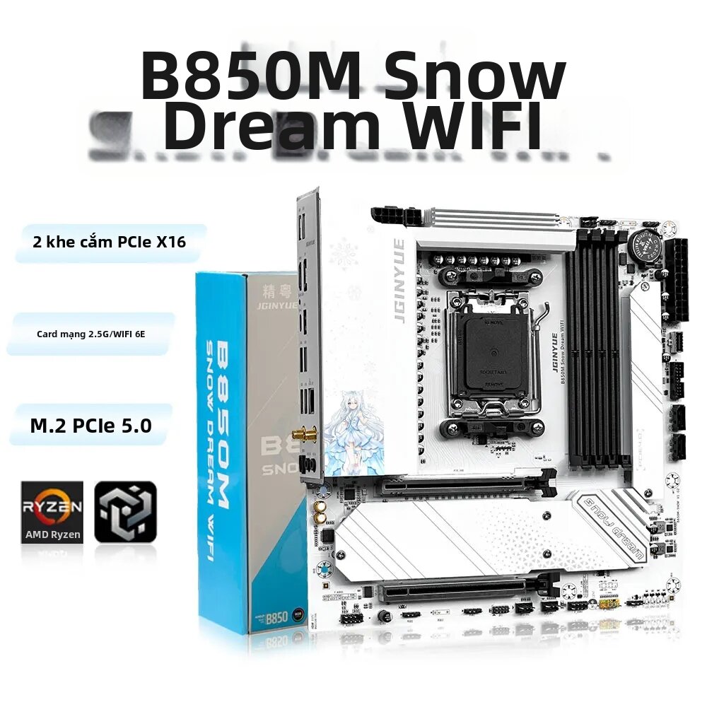 JGINYUE | Mainboard B850M Gaming Snow Dream WIFI6E AMD AM5 mATX, Hỗ Trợ 4x DDR5 UDIMM, M.2 PCIE5.0, ARGB, 2.5G 10Gbps Type-C, Dành Cho Chơi Game Và Ép Xung Giá 5,690,300 Đồng*Miễn phí vận chuyển