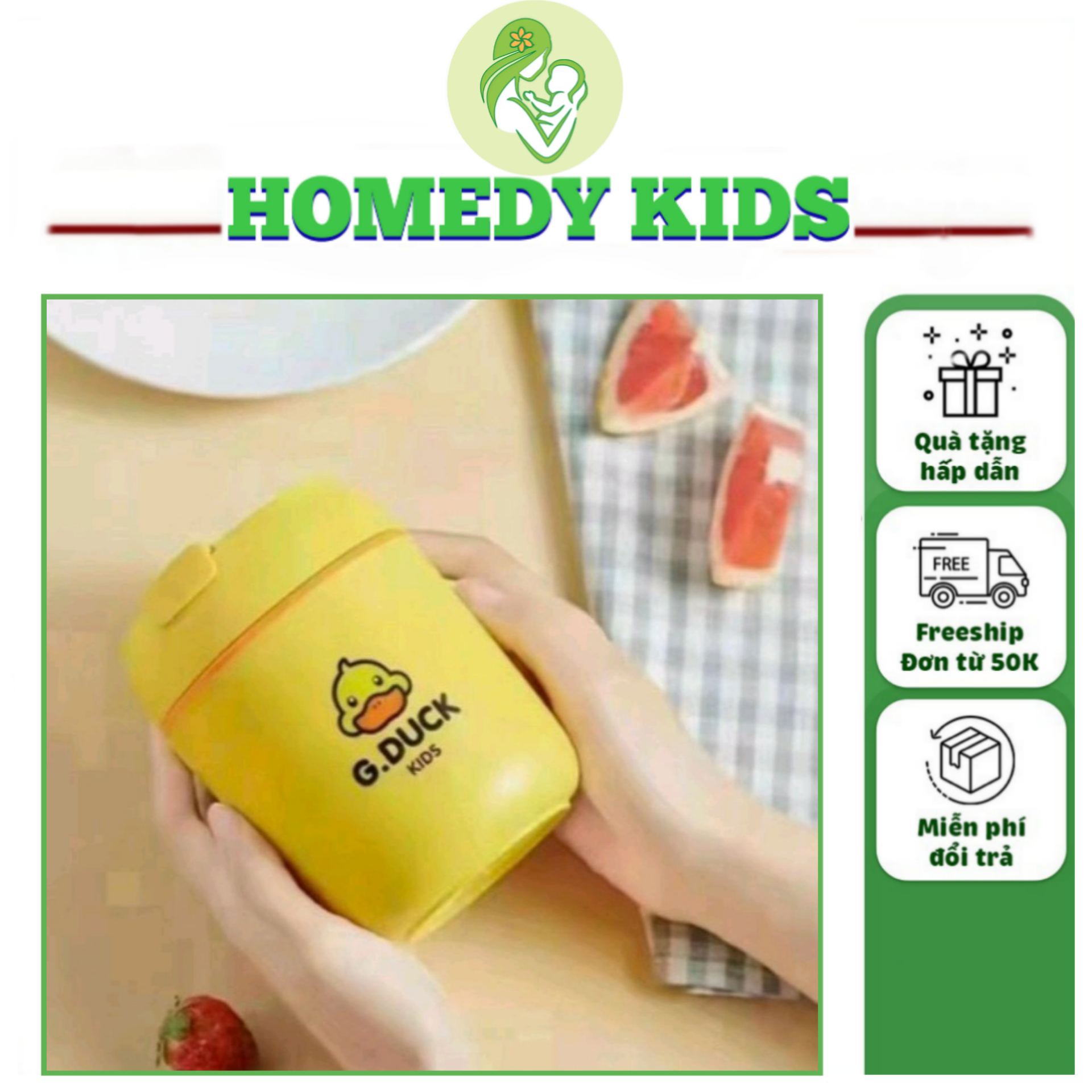 Bình ủ cháo cho bé, ca ủ cháo vịt vàng, ba lớp cách nhiệt, loại lớn 500ml, ủ cháo, tặng kèm muỗng