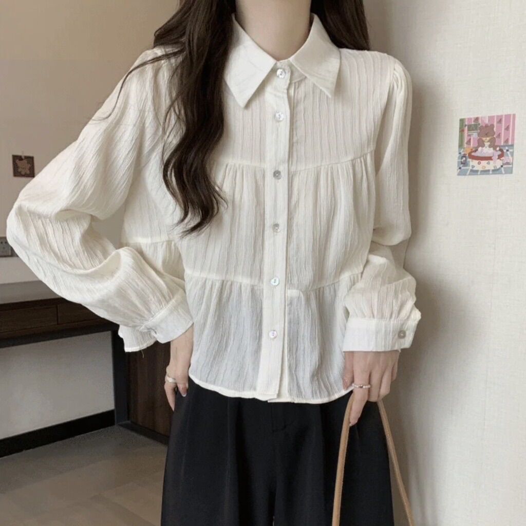 Áo sơ mi babydoll 3 tầng dài tay dáng lửng chất đũi gân - Lumii