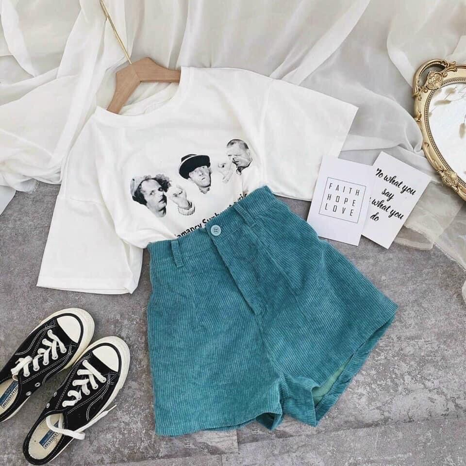 Set pull trắng hình người + quần short nhung xanh??