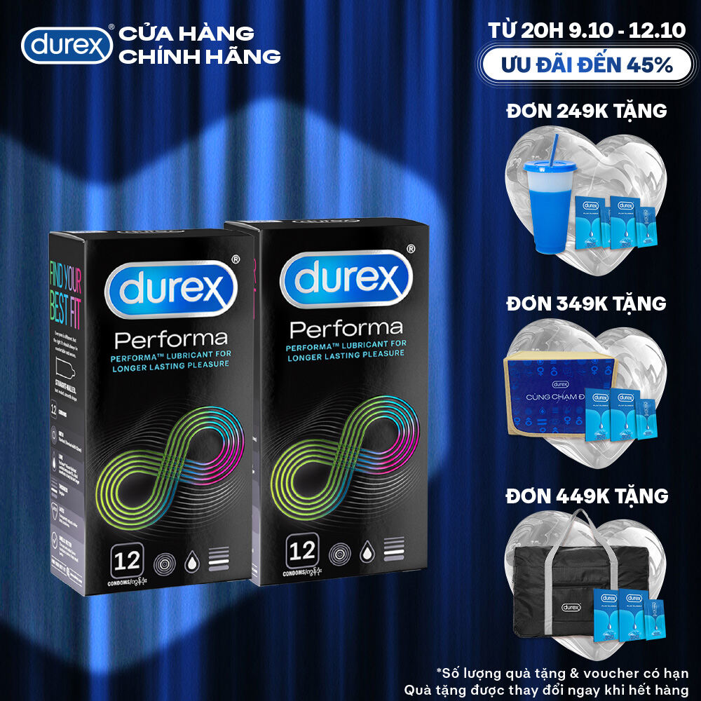 [TỪ 20H | 9-12.10 VOUCHER GIẢM THÊM 8%] Bộ 2 hộp bao cao su Durex Performa kéo dài thời gian, size 52mm, 12 bao/hộp