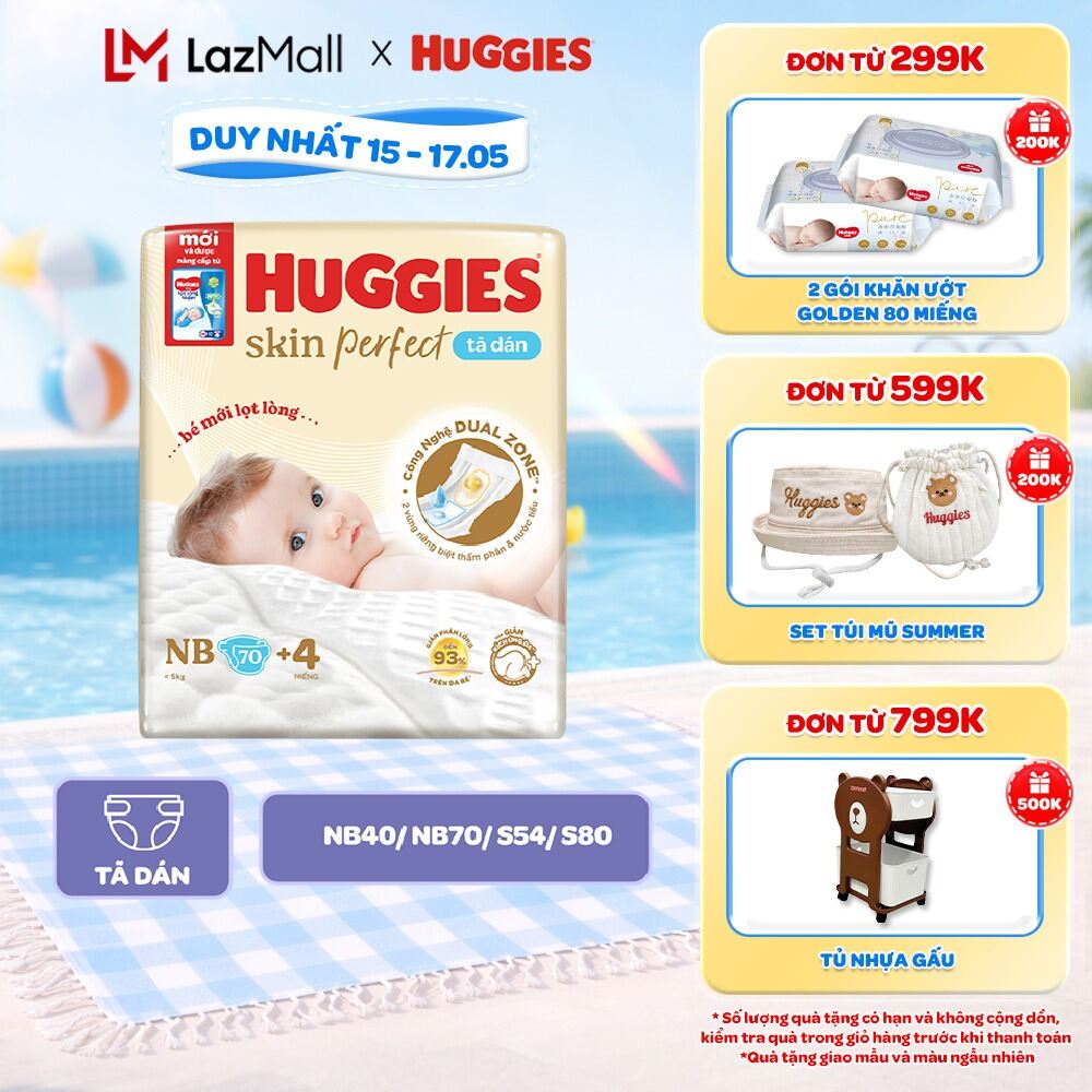 Tã/Bỉm Dán Sơ Sinh Huggies Skin Perfect NB/S với 2 Vùng Thấm Giảm Kích Ứng Da