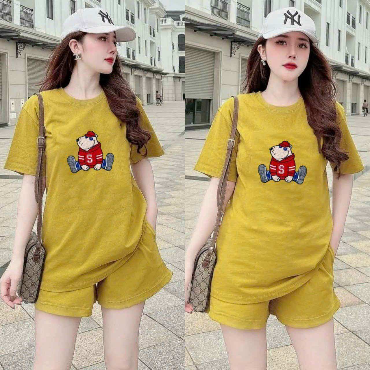 Bộ short thun cotton áo thêu gấu