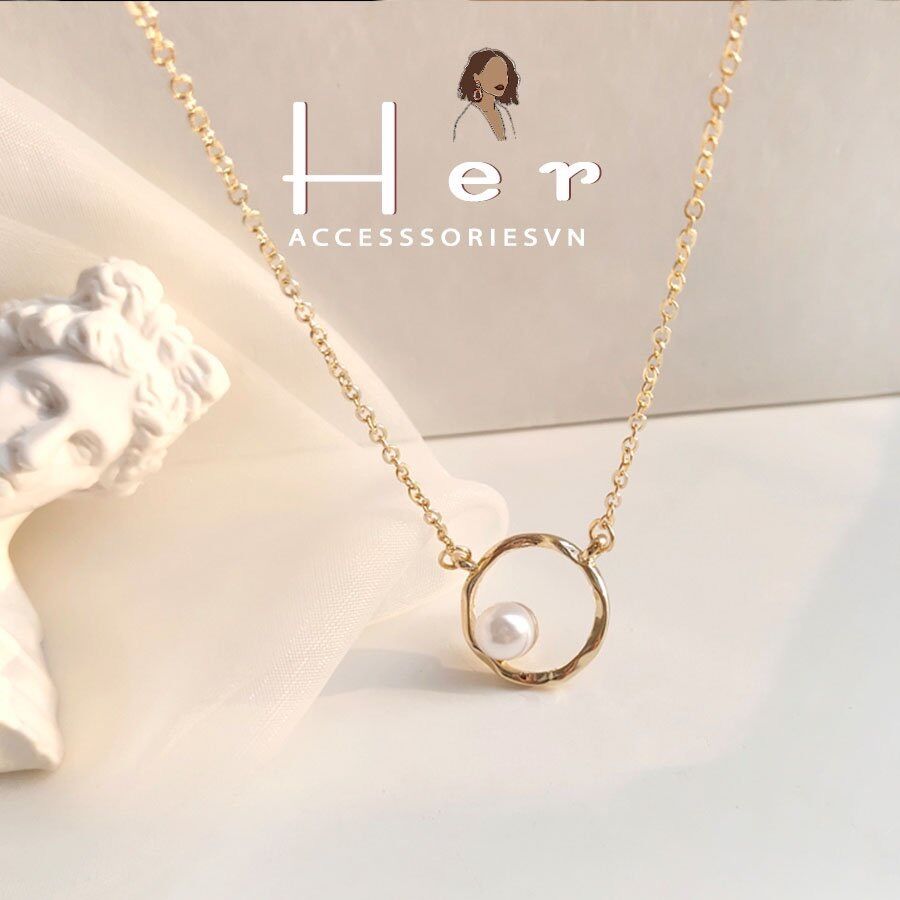 Dây chuyền nữ, Vòng cổ Nữ mặt tròn phối hạt trai tiểu thư, trang sức Vintage  Her Accessories  C9