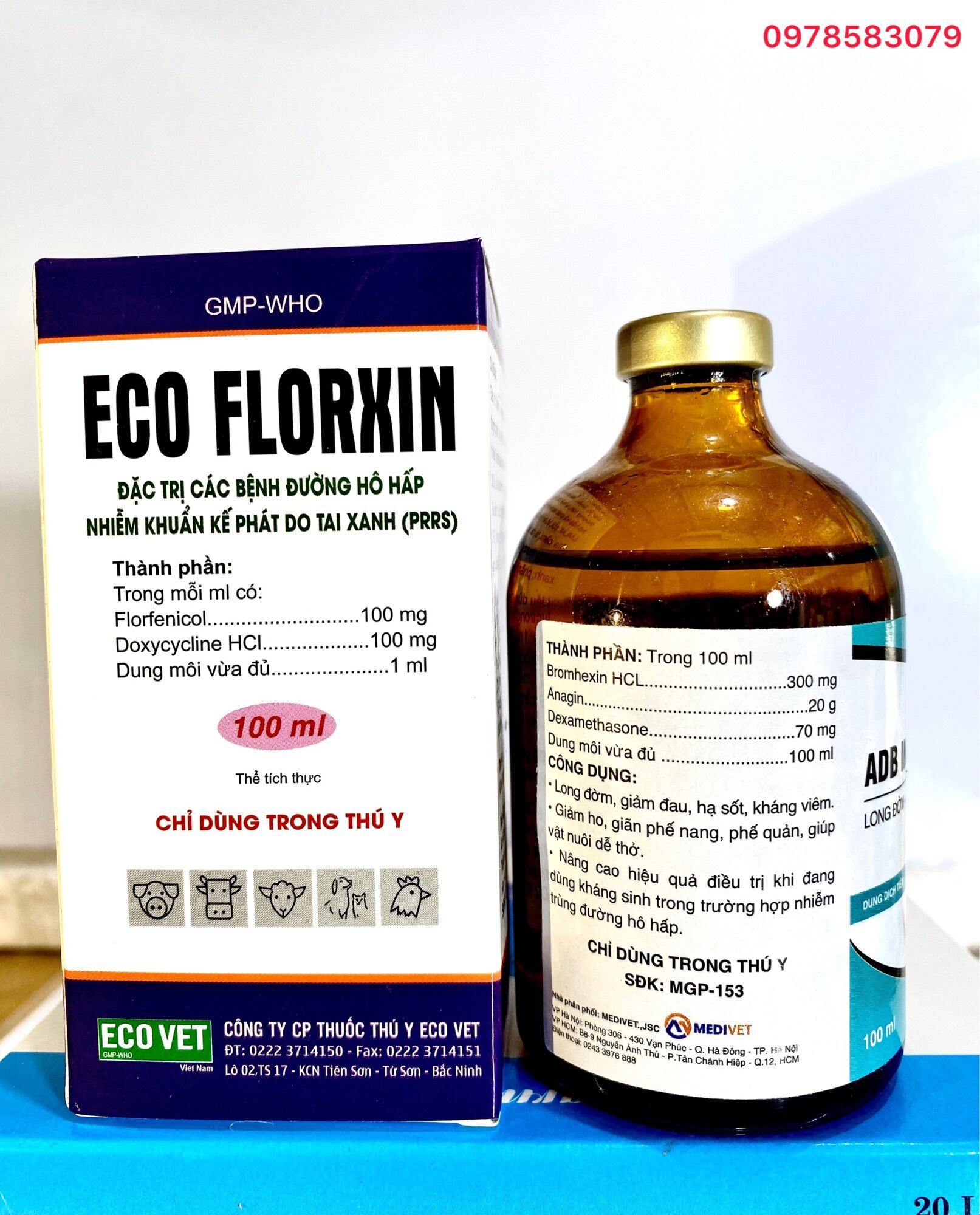 Cặp Eco Floxin ( Doxy+flo)+ ADB( Anagin+Brom+Dexa) Ho, thở, viêm phổi, tiêu chảy dùng trong Thú Y