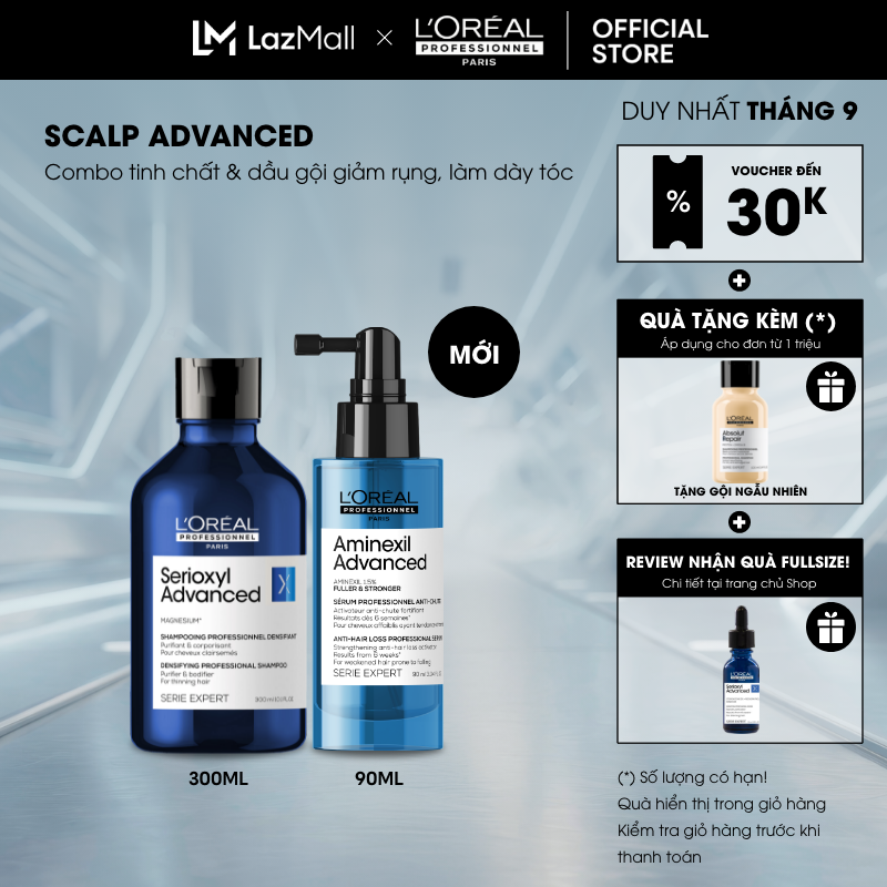 Combo Tinh chất giảm rụng Aminexil Advanced 90ml & dầu gội Serioxyl Advanced làm dày tóc chuyên nghiệp 300ml
