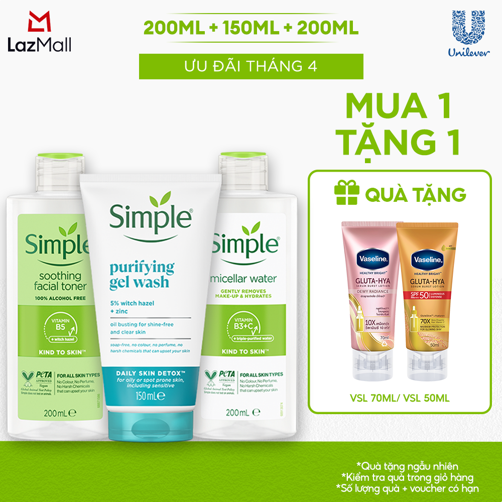 Combo Simple Tẩy trang Micellar 200ml + Sữa rửa mặt 150ml + Nước hoa hồng 200ml ngừa mụn hiệu quả [CHÍNH HÃNG ĐỘC QUYỀN]