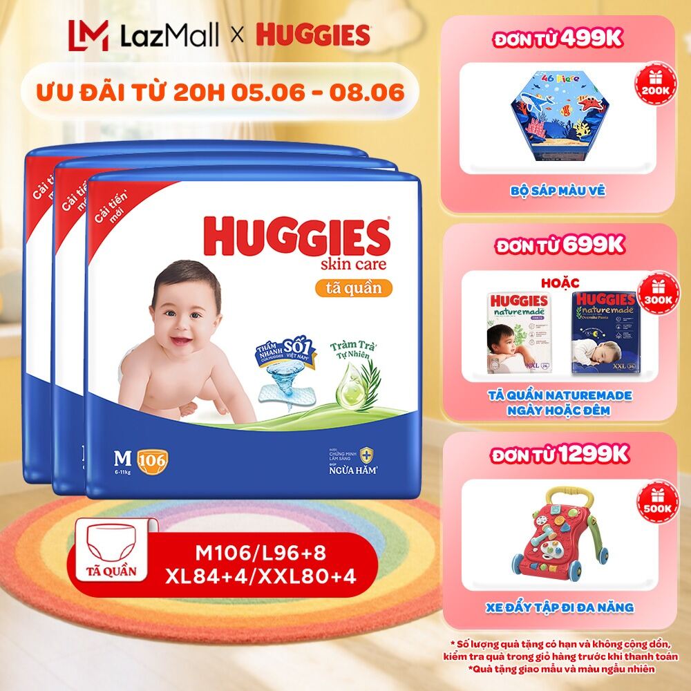 Combo 3 gói Tã quần Huggies Skincare Mega Jumbo M106/L100+4/XL84/XXL76 với tràm trà dịu da