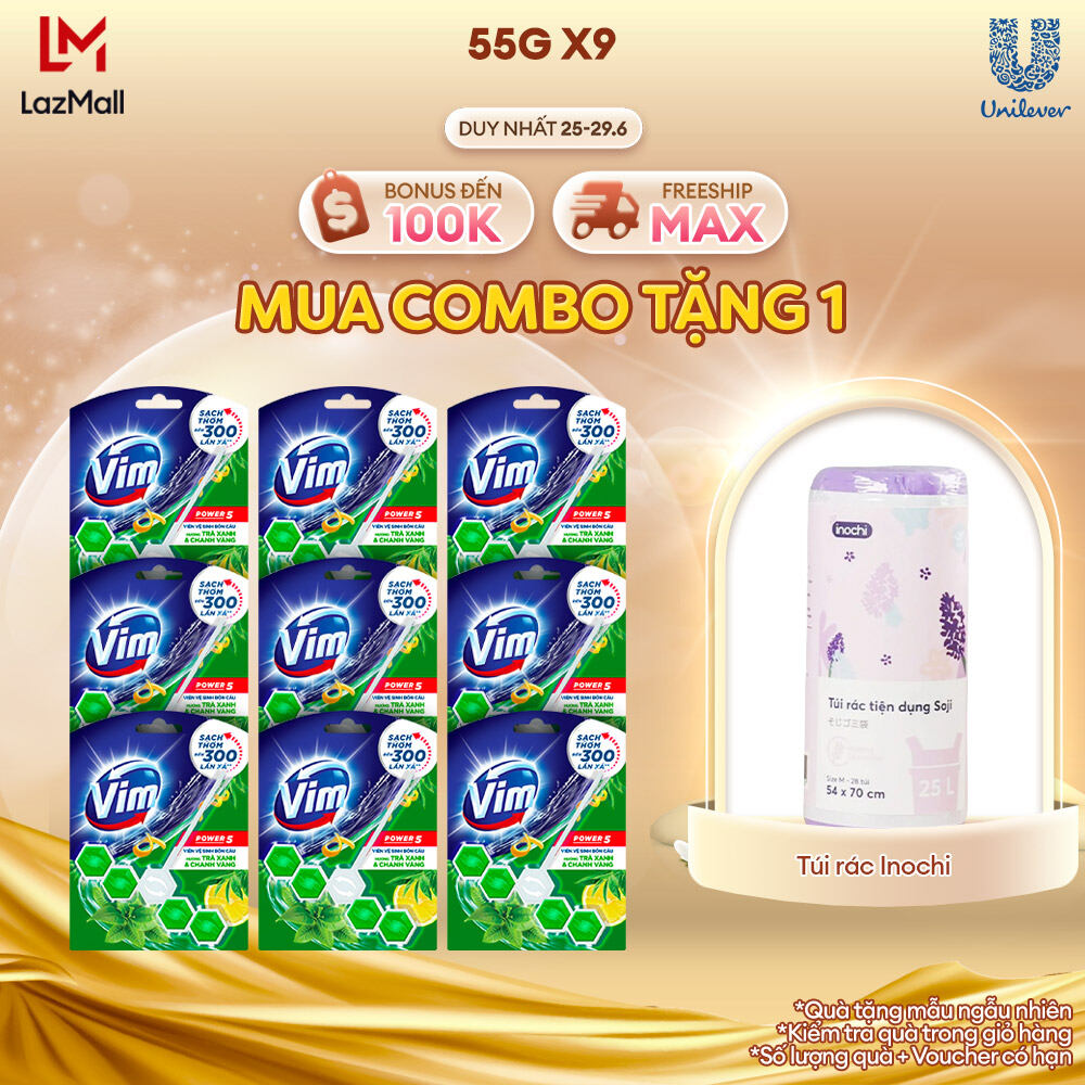 Combo 9 Viên Tẩy Bồn Cầu Vim Power 5 Sạch Khuẩn Thơm Mát (55g/viên )| Hương Trà Xanh & Chanh