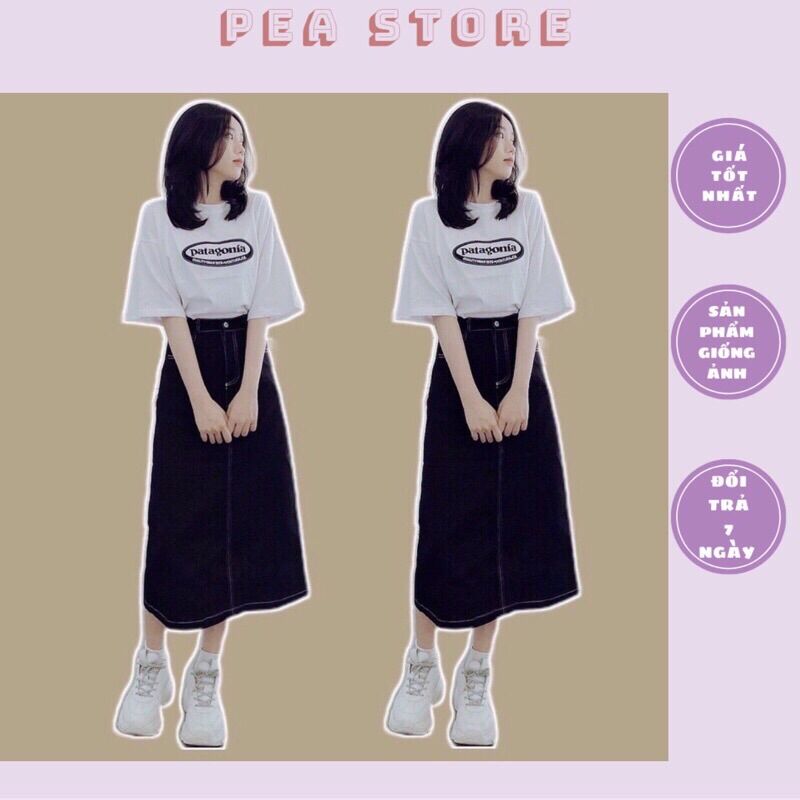 (Ảnh thật/Sẵn) Chân váy jean đen dáng dài viền chỉ nổi xẻ sau chun eo.