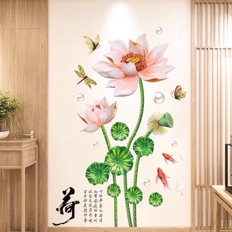 Decal dán tường hoa sen cánh to trang trí phòng khách