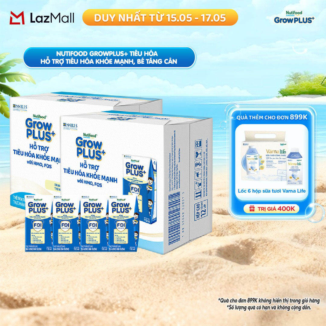 Sữa Nước Pha Sẵn Nutifood Sweden GrowPLUS+ Tiêu Hóa (Xanh Nhạt) - Hỗ trợ tiêu hóa khỏe mạnh, bé tăng cân - Trên 1 tuổi (48 hộp x 110ml)