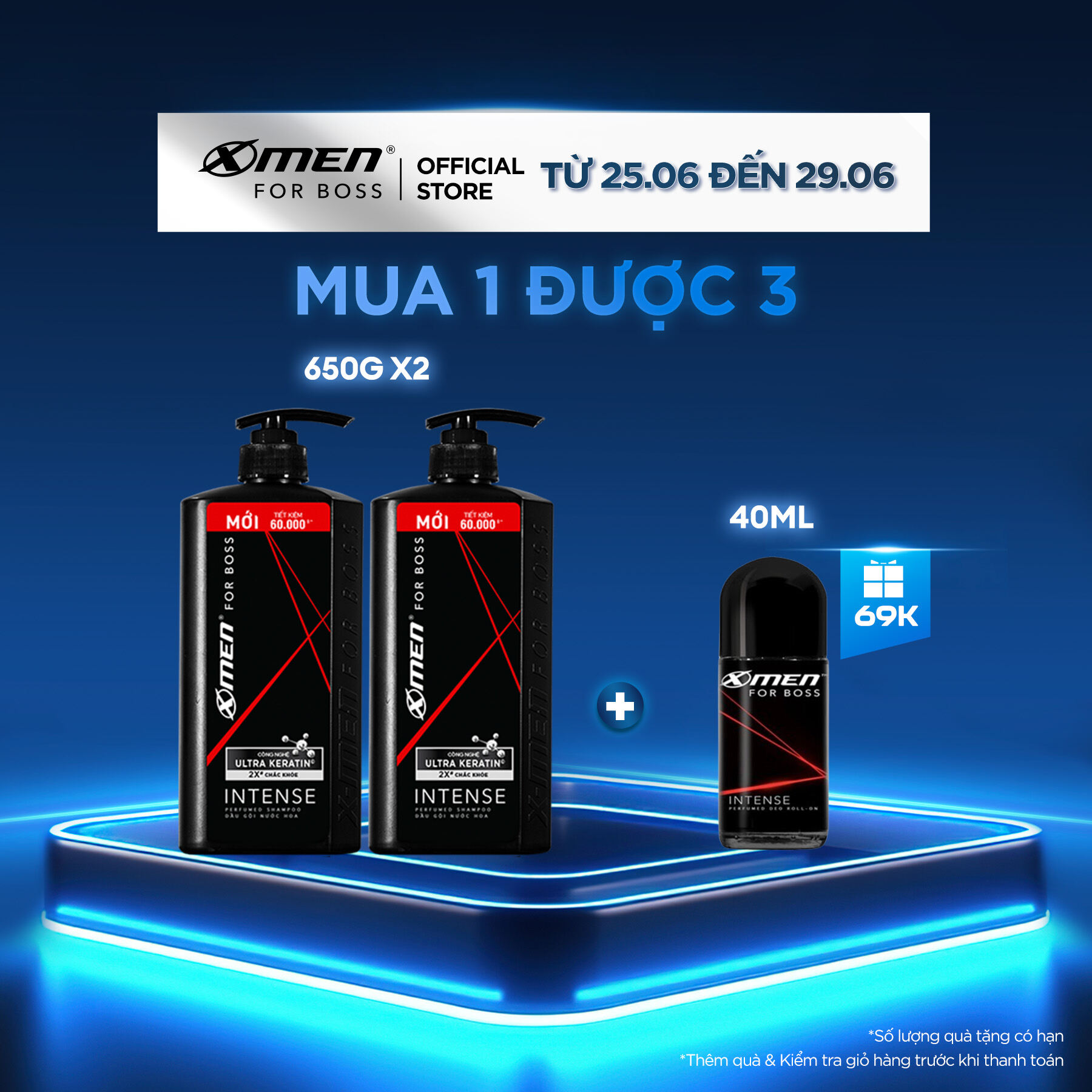 [Mua 1 được 3] Combo 2 Dầu gội X-Men for Boss hương trầm đầy nội lực Intense với Ultra Keratin© mới 650g