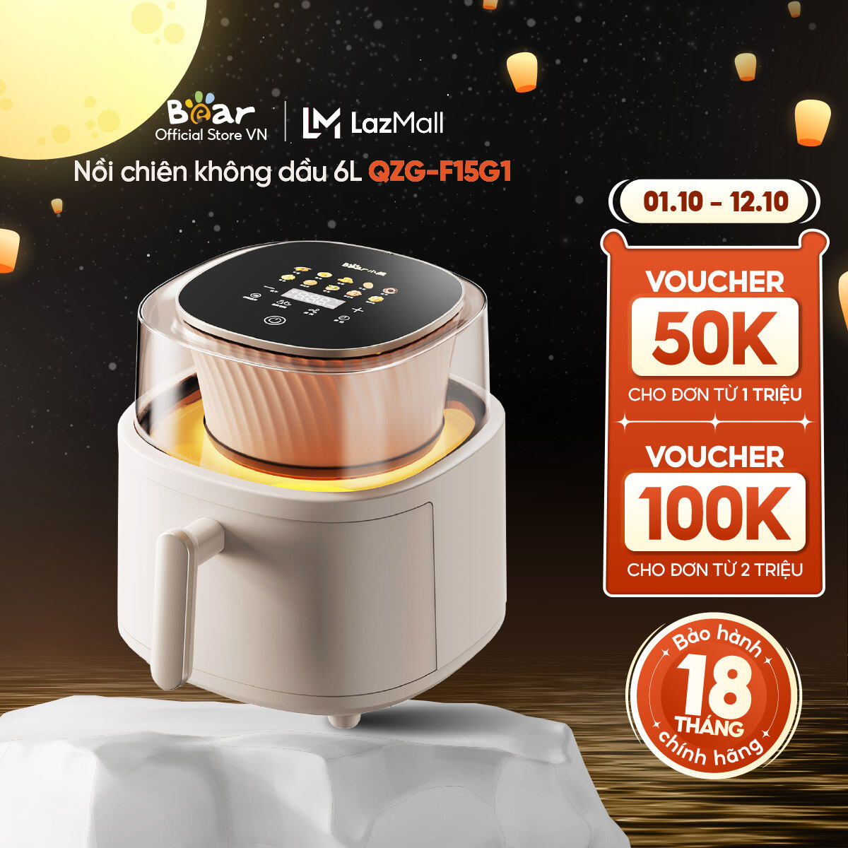 Nồi chiên không dầu 6L Bear QZG-F15G1 - Hàng Chính Hãng