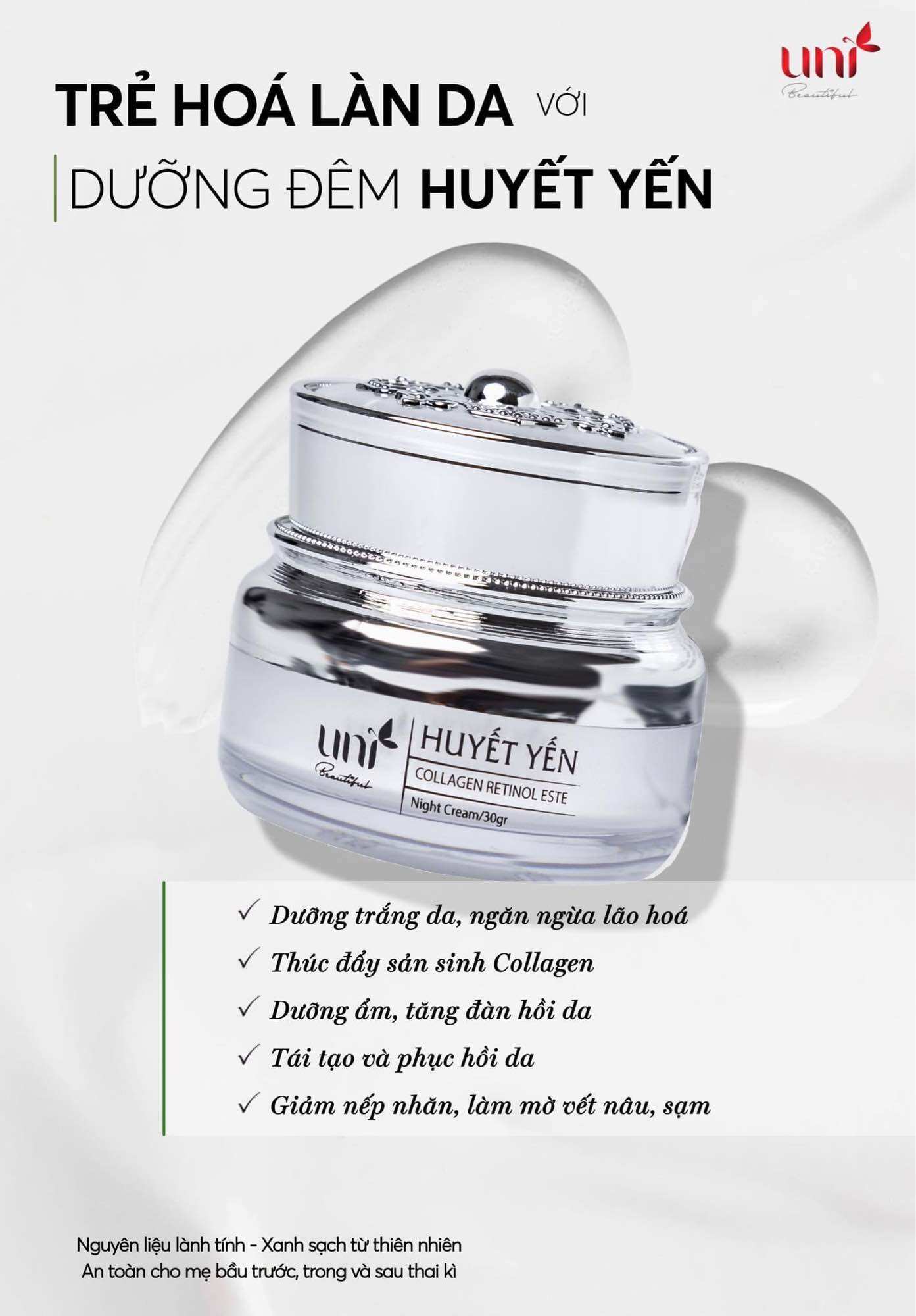 Kem face đêm huyết yến size lớn 30g Uni Beautiful