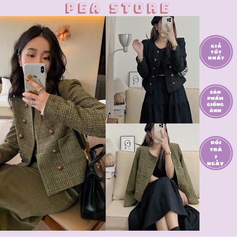 Áo dạ tweed tiểu thư dáng ngắn sang chảnh màu đen rêu