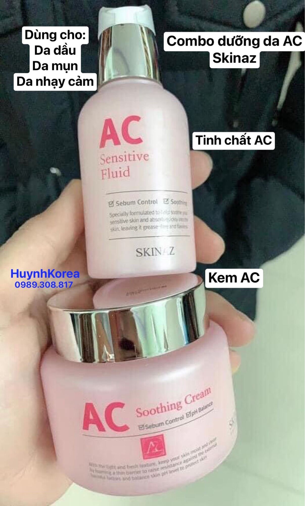 Set Dưỡng Da Ac Skinaz Nội Địa Hàn Dành Cho Da Dầu Da Mụn Da Nhạy Cảm(Serum Và Kem)