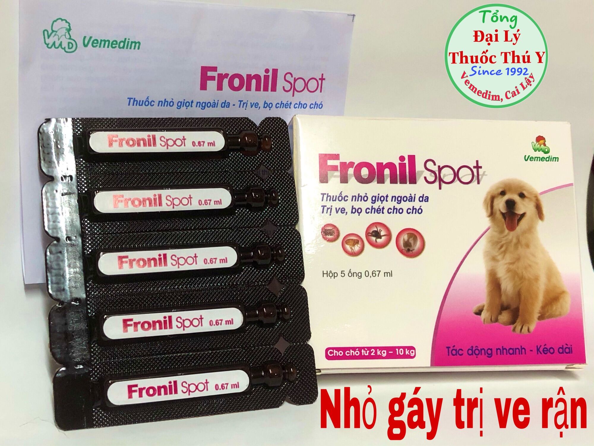 Fronil spot 0,67ml nhỏ gáy trị ve rận bọ chét cho chó mèo hộp 5 ống