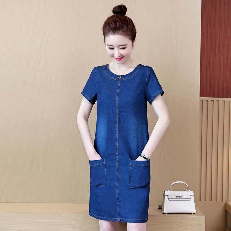 Đầm jean suông cổ tròn 2 túi form chữ A basic thanh lịch
