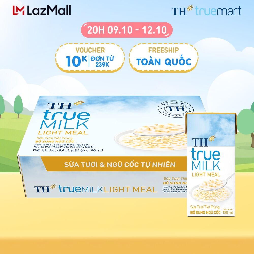 Thùng 48 hộp sữa tươi tiệt trùng bổ sung ngũ cốc TH true MILK LIGHT MEAL 180 ml (180 ml x 48)