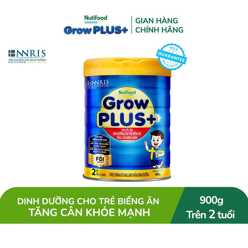 Sữa Bột Nutifood GrowPLUS+ Biếng Ăn (Xanh) 2+ - Hỗ trợ kích thích ngon miệng, tăng cân khỏe mạnh (Lon 900g)