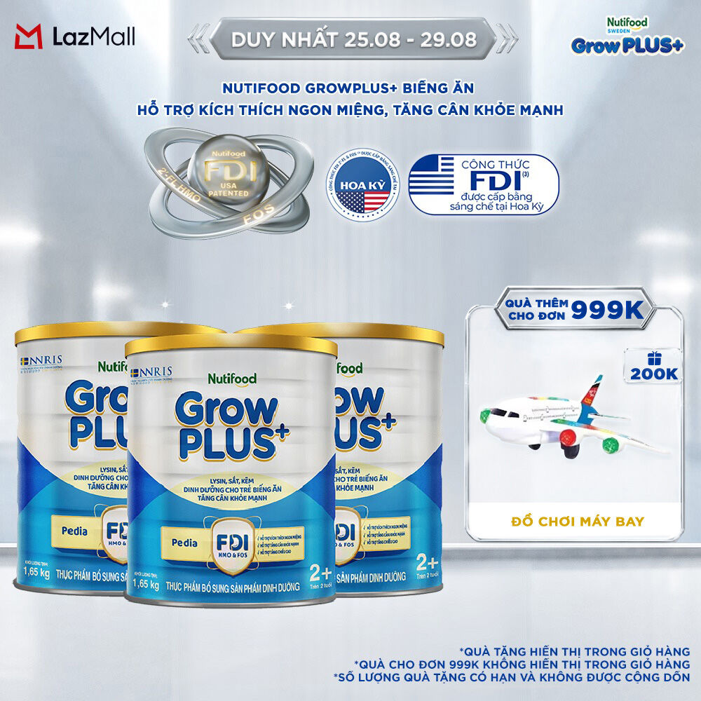 Combo 3 Sữa Bột Nutifood GrowPLUS+ Biếng Ăn (Xanh) 2+ - Hỗ Trợ Kích Thích Ngon Miệng, Tăng Cân Khỏe Mạnh (3 Lon 1,65 Kg)