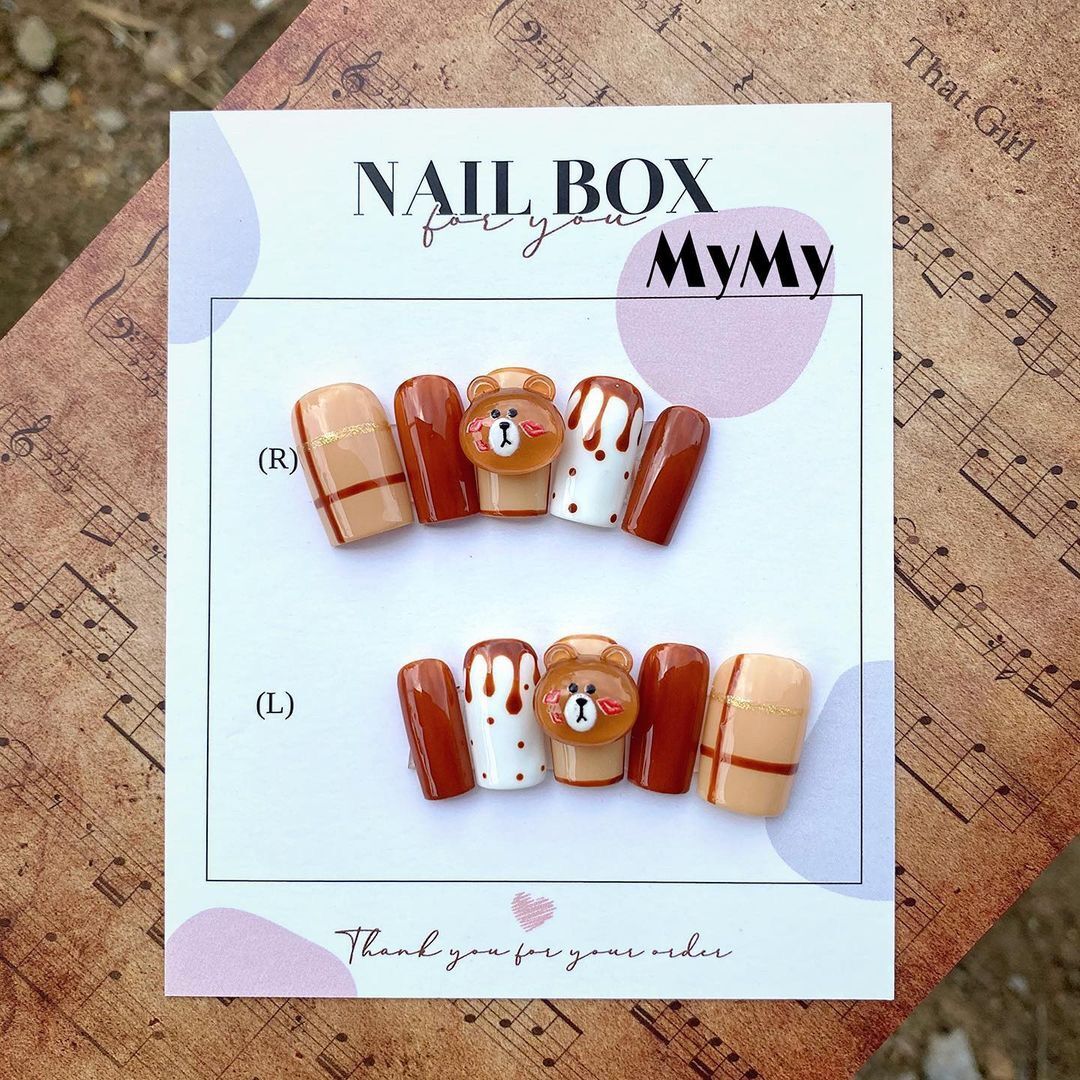Nailbox thiết kế,móng úp,móng giả gắn charm gấu